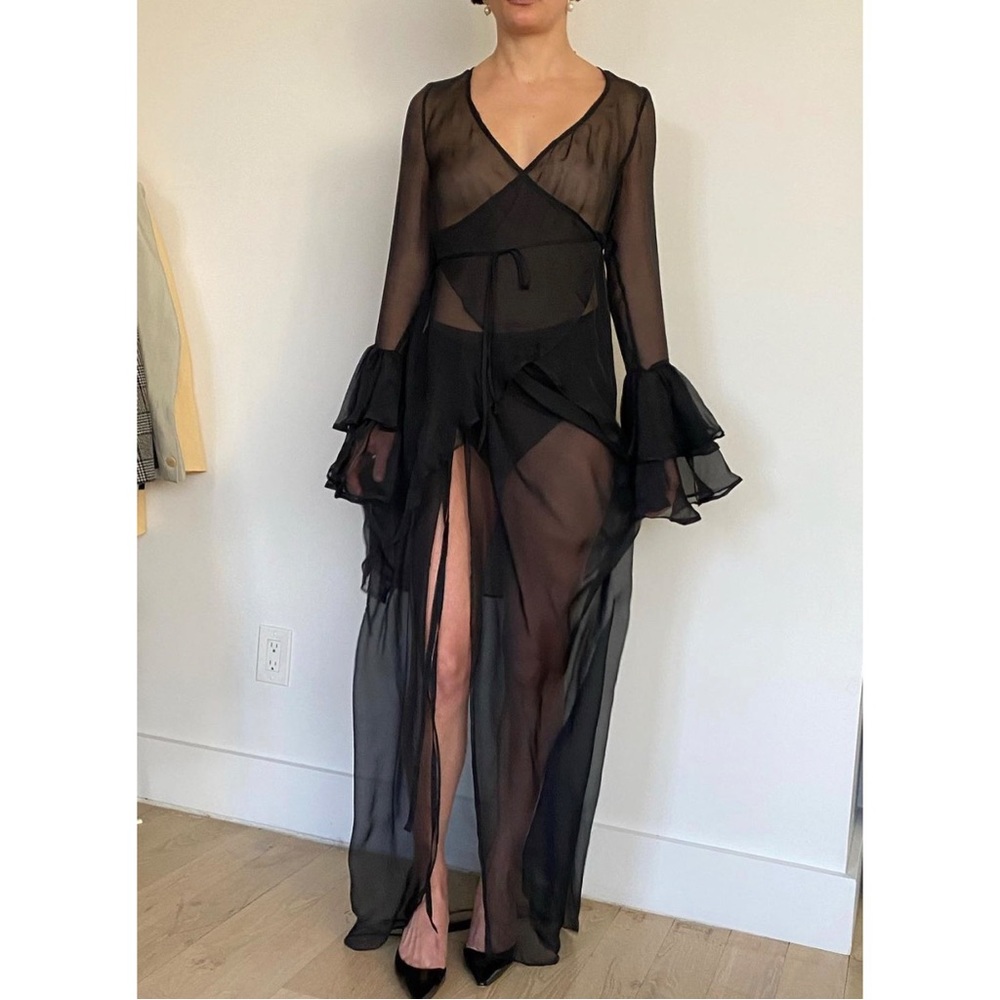 Nia Thomas Ruffle Sheer Tied Black Skirt Ruffle Blouse Set